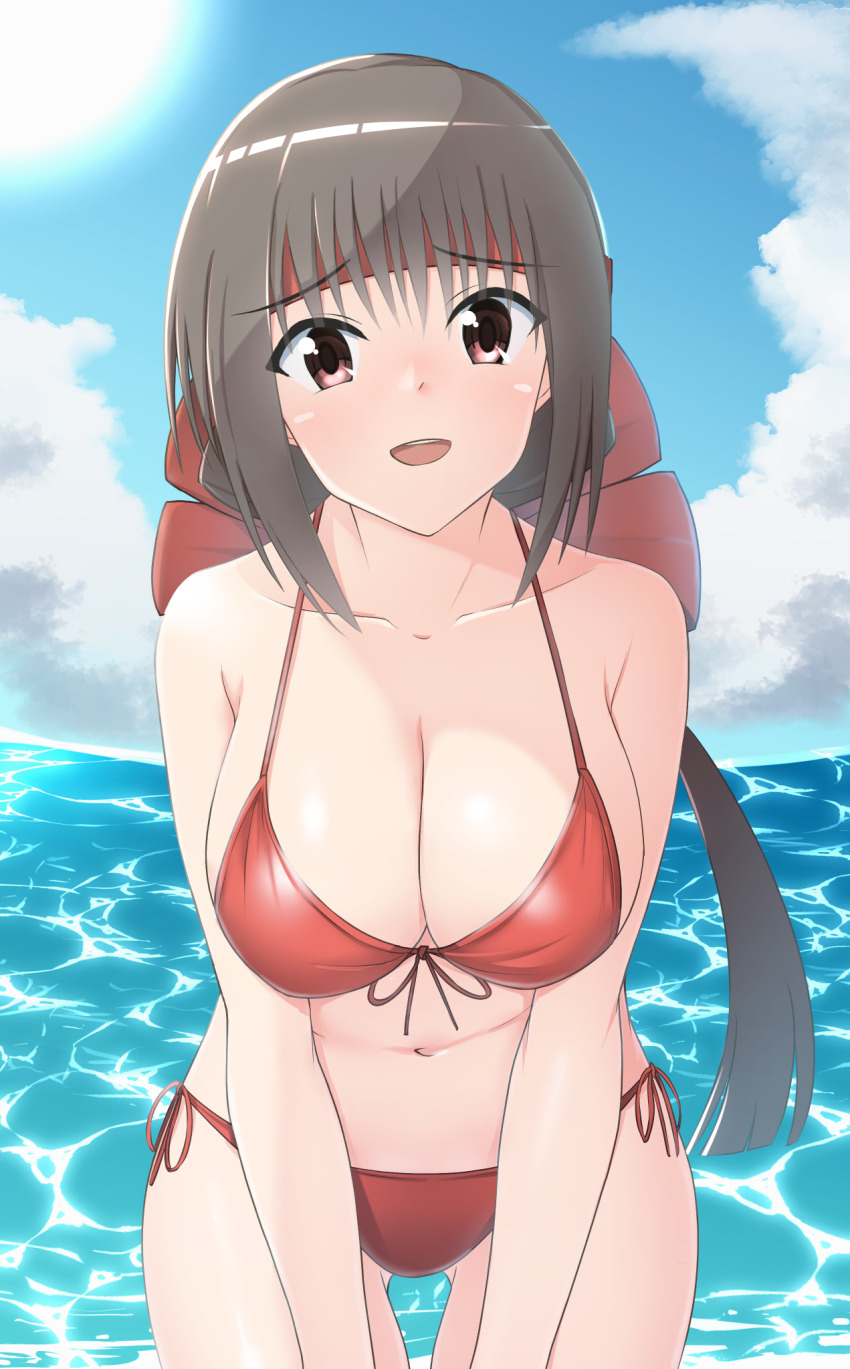 1girl, beach, bikini, black_hair, blush, breasts, brown_eyes, brown_hair