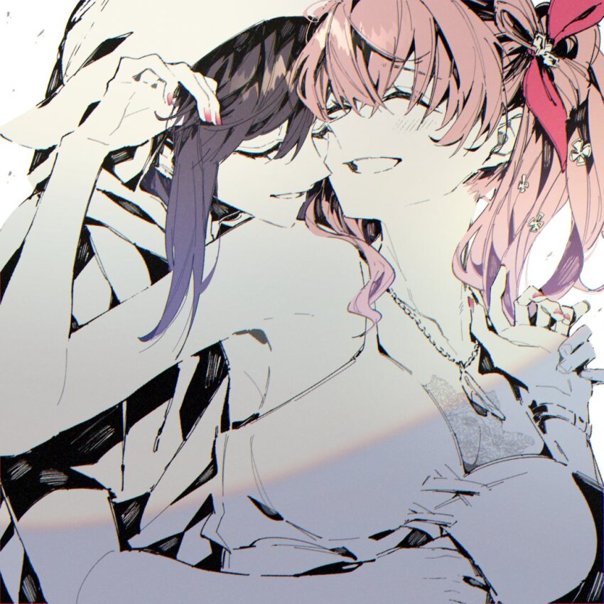 2girls, ayutarochan, bare_arms, black_hair, blush, bra, breasts, cleavage