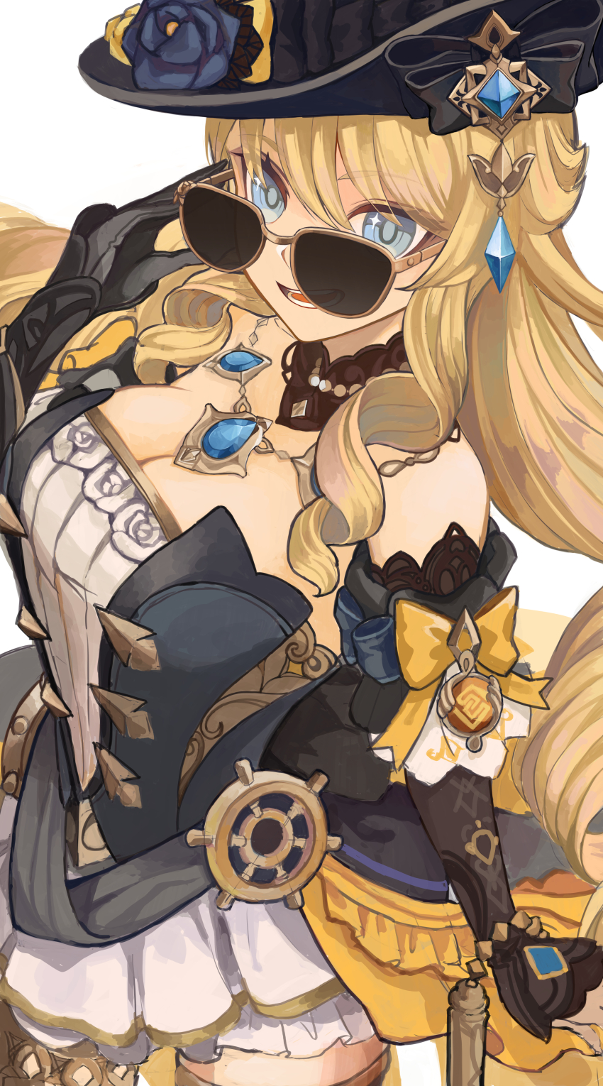 1girl, absurdres, adjusting_eyewear, arm_at_side, bespectacled, black_gloves, blonde_hair, blue_eyes, breasts, brown-framed_eyewear, chikushi_azu, cleavage, close-up, cowboy_shot, elbow_gloves, from_above, genshin_impact, glasses, gloves, hand_up, highres, large_breasts, long_hair, looking_over_eyewear, navia_(genshin_impact), open_mouth, solo, standing, sunglasses, teeth, tongue, vision_(genshin_impact)