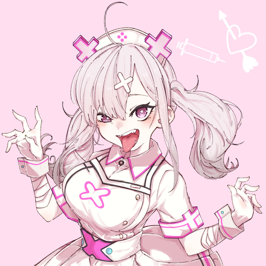 1girl, ahoge, arrow_through_heart, bandaged_arm, bandages, blush, breasts, buranka, collared_dress, commentary_request, cross, dress, fangs, gloves, grey_hair, hair_between_eyes, hair_ornament, hairclip, hands_up, hat, highres, long_hair, looking_at_viewer, medium_breasts, mole, mole_under_eye, nijisanji, nurse, nurse_cap, open_mouth, pale_skin, pink_background, pink_eyes, pink_trim, short_sleeves, solo, sukoya_kana, sukoya_kana_(1st_costume), syringe, teeth, tongue, tongue_out, underbust, virtual_youtuber, white_dress, white_gloves, white_hat, white_wrist_cuffs, wrist_cuffs