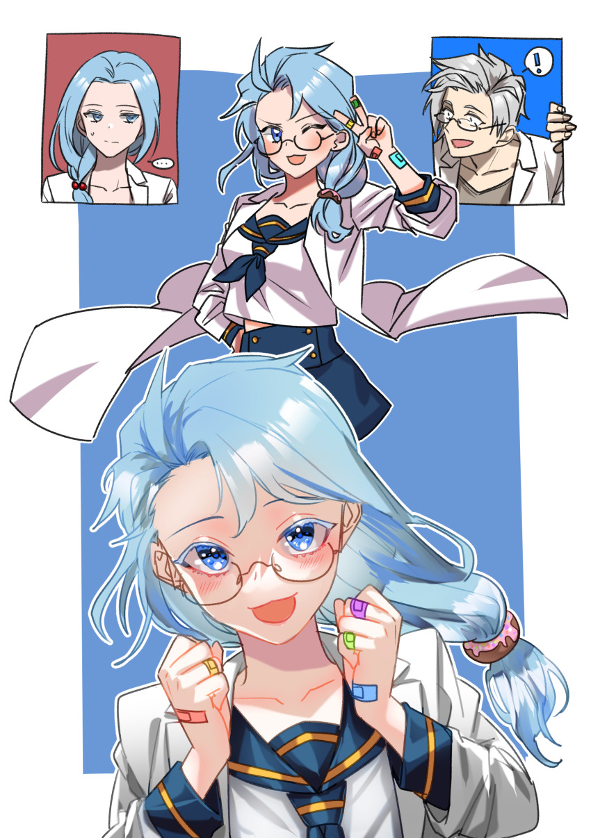 !, ..., 1boy, 2girls, :3, absurdres, aken, bandaid