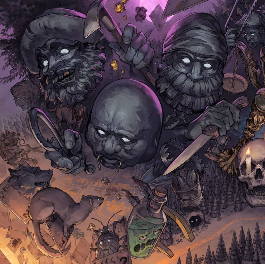 1girl, 4boys, angler_(inscryption), balance_scale, bald, bear_trap, beard, blank_eyes