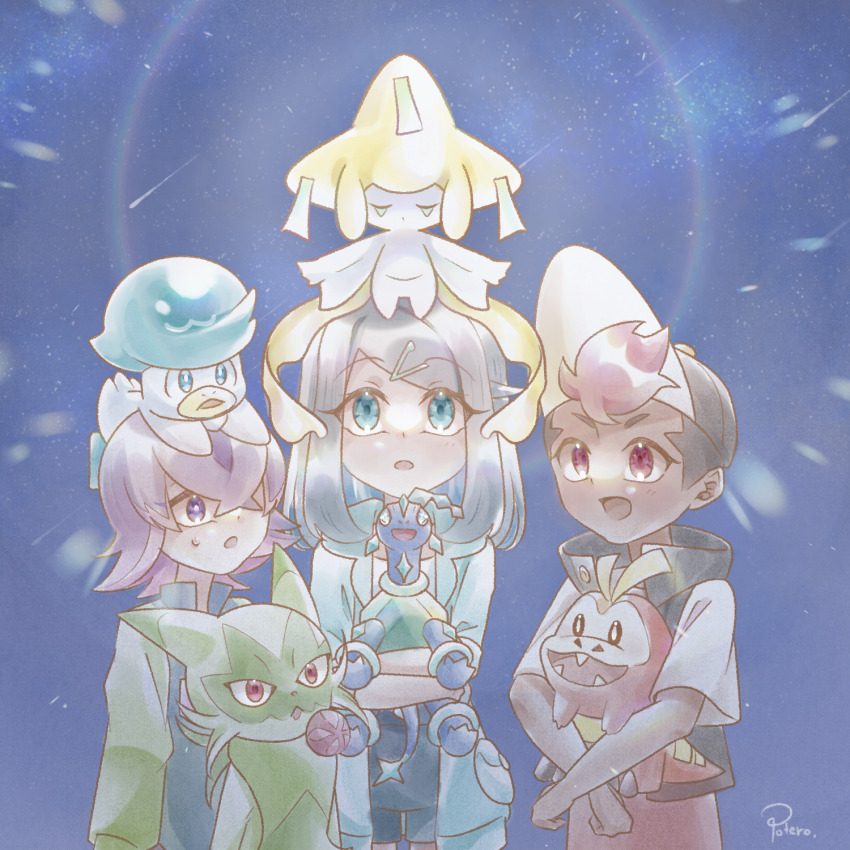 1boy, 2girls, black_eyes, black_hair, blue_eyes, blush, carrying, closed_eyes