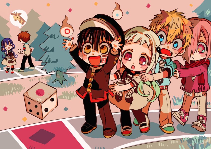 2girls, 4boys, akane_aoi, aoi_akane, arms_up, behind_another, chibi, chibi_only