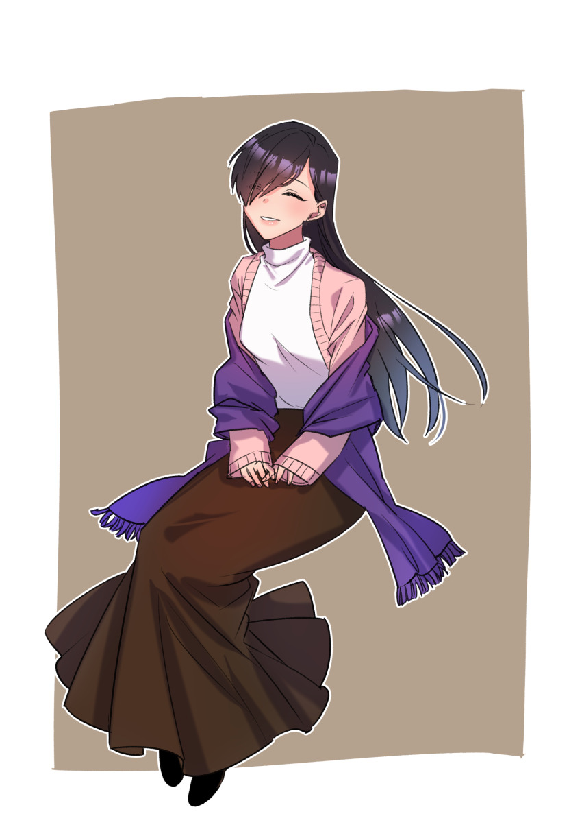 1girl, absurdres, aiba_ibuki, aken, atou_haruki, black_hair, black_shoes, black_skirt, cardigan, closed_eyes, commentary_request, fusion, hair_over_one_eye, highres, long_hair, long_skirt, long_sleeves, open_cardigan, open_clothes, pink_cardigan, saibou_shinkyoku, shoes, skirt, smile, solo, sweater, turtleneck, turtleneck_sweater, white_sweater