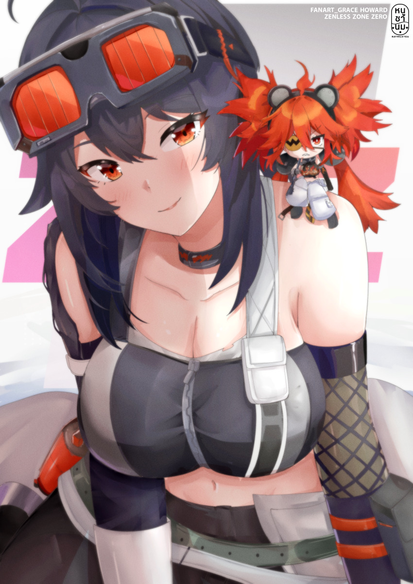 2girls, absurdres, belt, black_choker, black_hair, breasts, chibi, choker, cleavage, closed_mouth, collarbone, commentary, crop_top, english_commentary, eyepatch, goggles, goggles_on_head, grace_howard, green_belt, hair_between_eyes, hair_ornament, highres, koleda_belobog, large_breasts, long_hair, looking_at_viewer, multiple_girls, navel, orange_eyes, pants, ratmilktea, red_eyes, red_hair, sidelocks, sitting, sitting_on_shoulder, smile, sphere_hair_ornament, white_pants, zenless_zone_zero