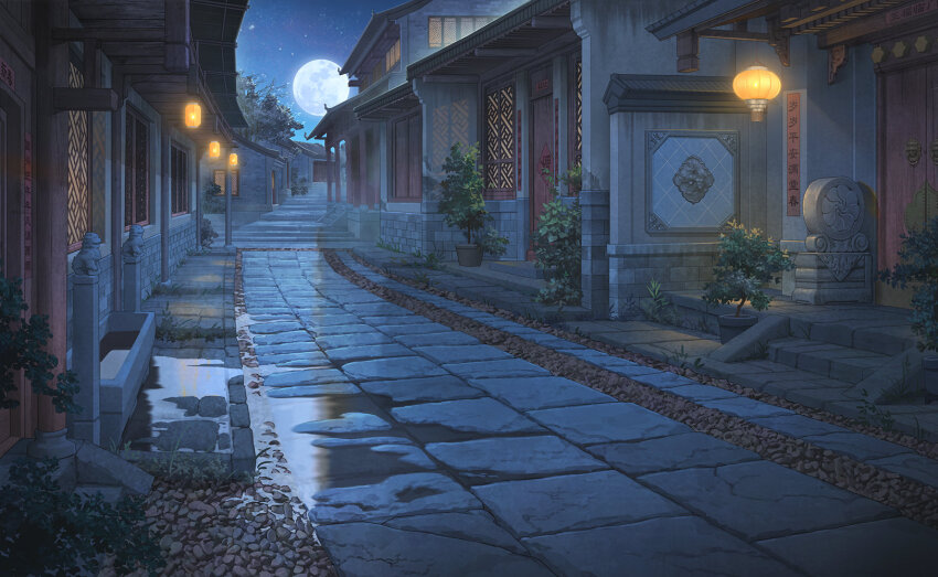 architecture, east_asian_architecture, full_moon, game_cg, hanxiaodan, highres, house, lantern