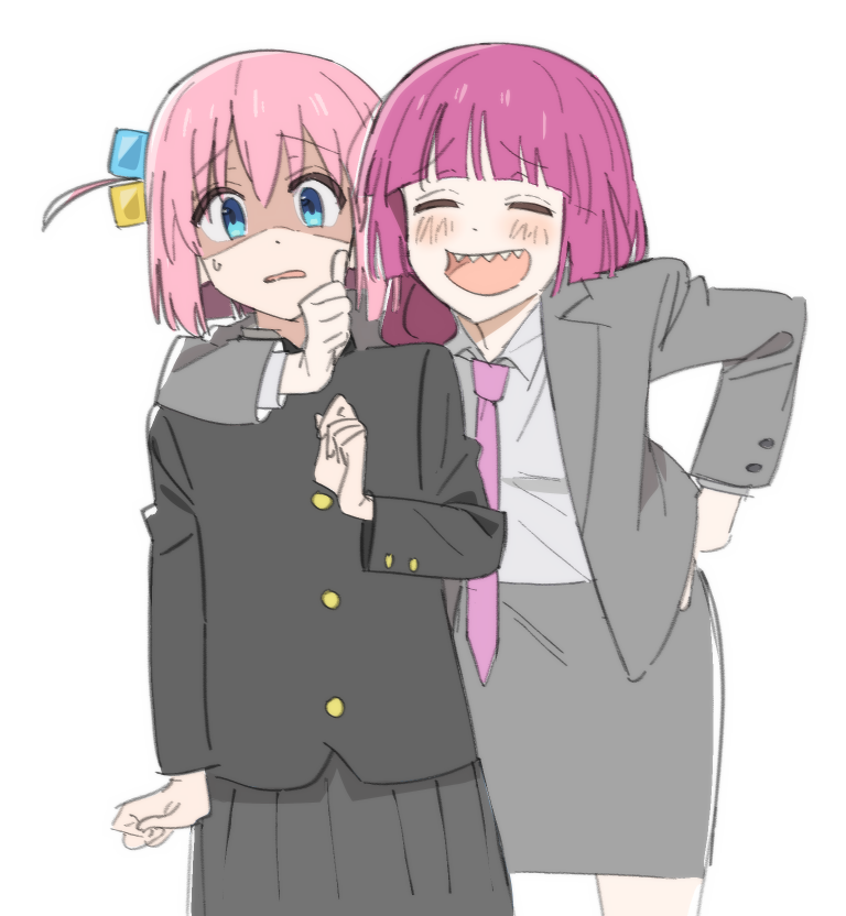 2girls, arm_around_shoulder, blue_eyes, blunt_bangs, blush, bocchi_the_rock!, ch0og0o, closed_eyes