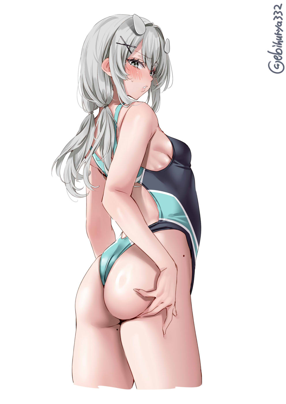 1girl, ass, back, blush, breasts, cropped_legs, ebifurya, fake_horns