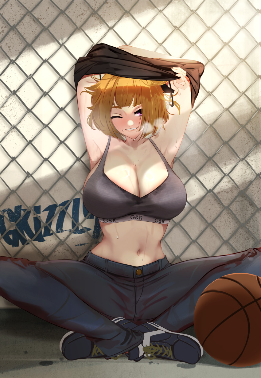 .cho_(ten_chou), 1girl, absurdres, armpits, arms_up, ball, basketball, basketball_(object), black_skirt, blue_pants, blue_shoes, blush, bra, breasts, brown_hair, chain-link_fence, character_name, cleavage, commentary_request, denim, fence, girls'_frontline, grey_bra, grey_sports_bra, grizzly_mkv_(girls'_frontline), heavy_breathing, highres, jeans, looking_at_viewer, medium_hair, messy_hair, navel, on_floor, one_eye_closed, outdoors, pants, purple_eyes, shoes, sitting, skirt, smile, solo, sports_bra, stomach, sweat, underwear, undressing