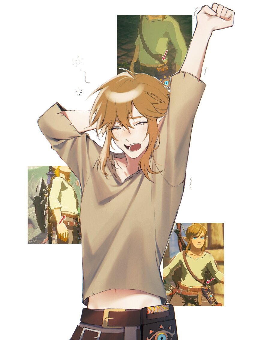 1boy, absurdres, arms_up, belt, blonde_hair, brown_shirt, closed_eyes, highres