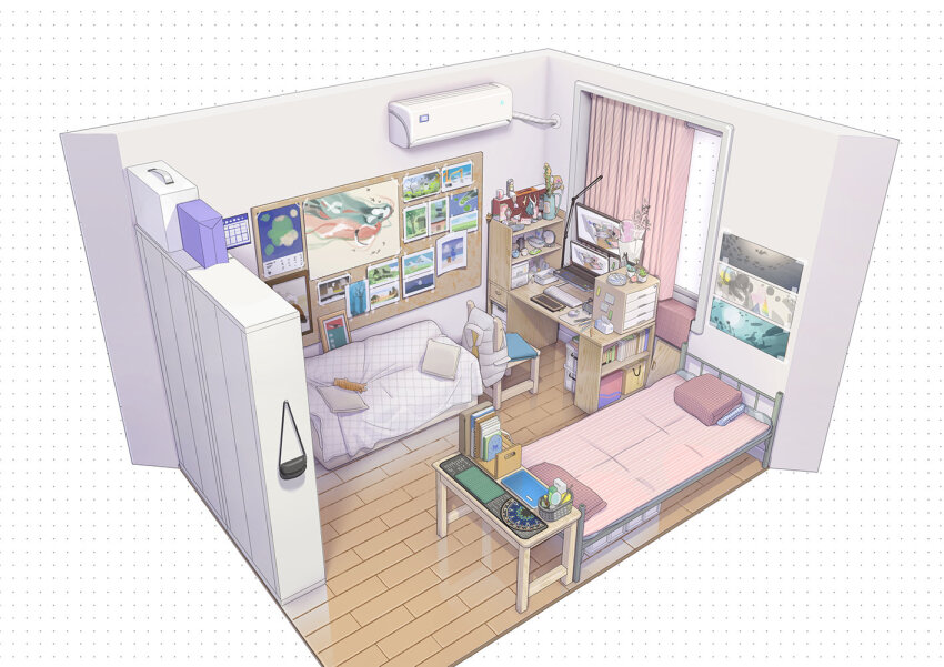 air_conditioner, bag, basket, bed, bedroom, bookshelf, box, bulletin_board