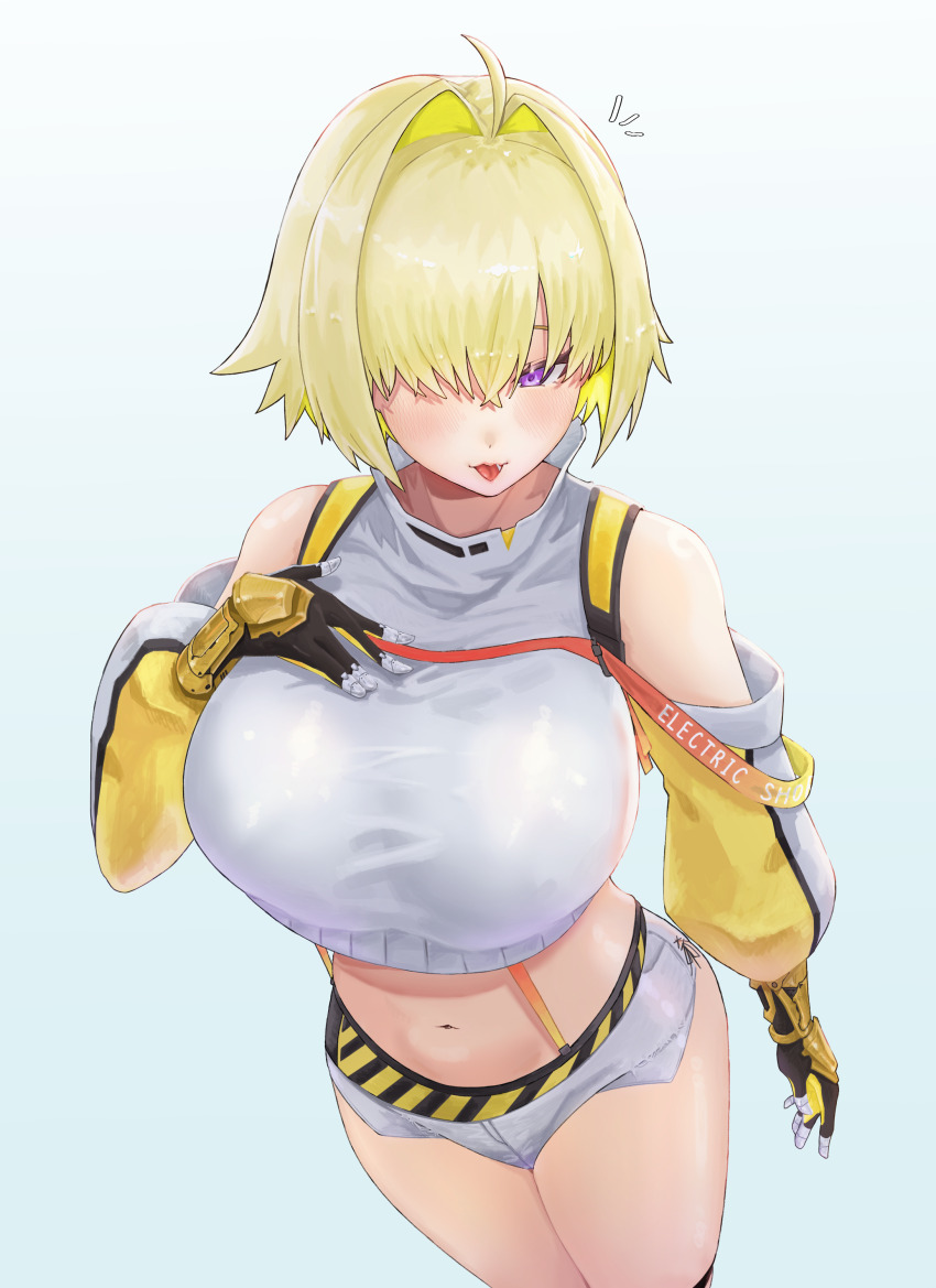 1girl, :p, absurdres, ahoge, bare_shoulders, blonde_hair, bluepaint, blush