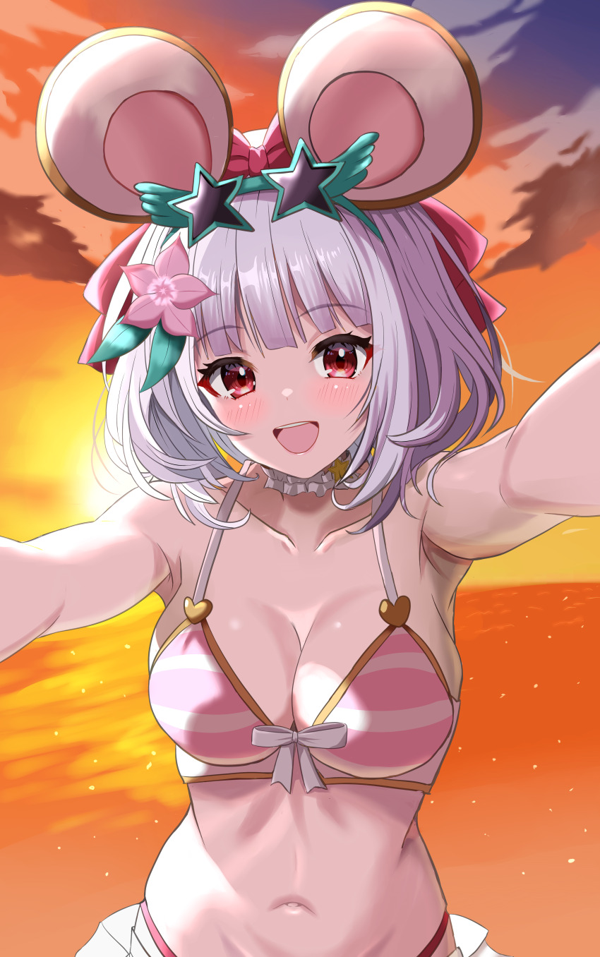 1girl, absurdres, animal_ears, bikini, bikini_skirt, blue-framed_eyewear, breasts, choker