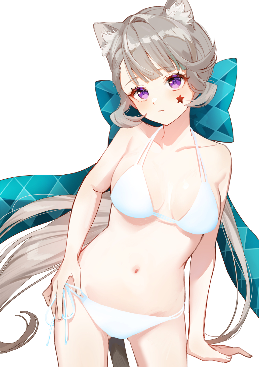 1girl, absurdres, animal_ear_fluff, animal_ears, bikini, blue_bow, blush, bow