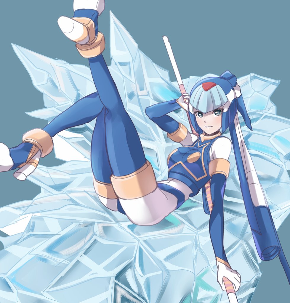 1girl, android, blue_background, blue_eyes, blue_helmet, fairy_leviathan_(mega_man), helmet, holding