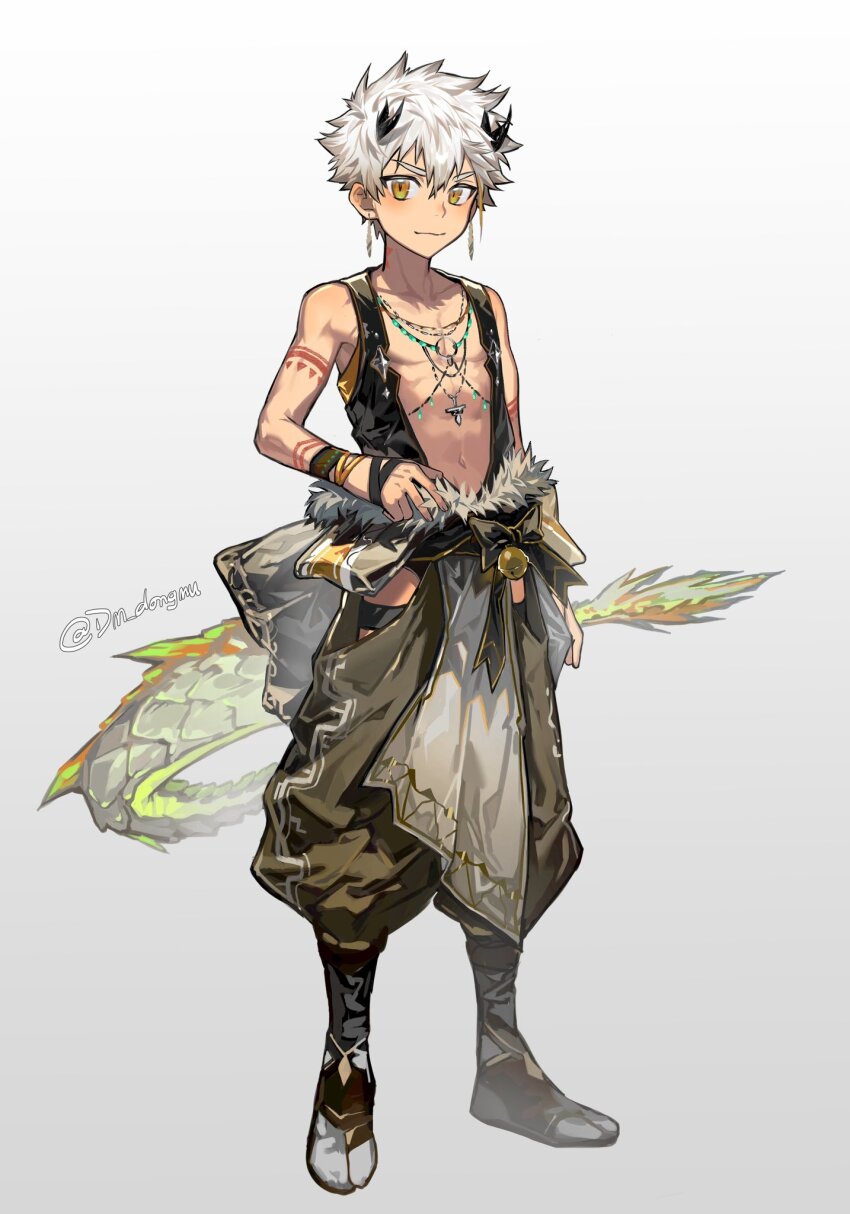 1boy, artist_name, bishounen, commentary_request, dongju_azuma, dragon_boy, dragon_horns, dragon_tail