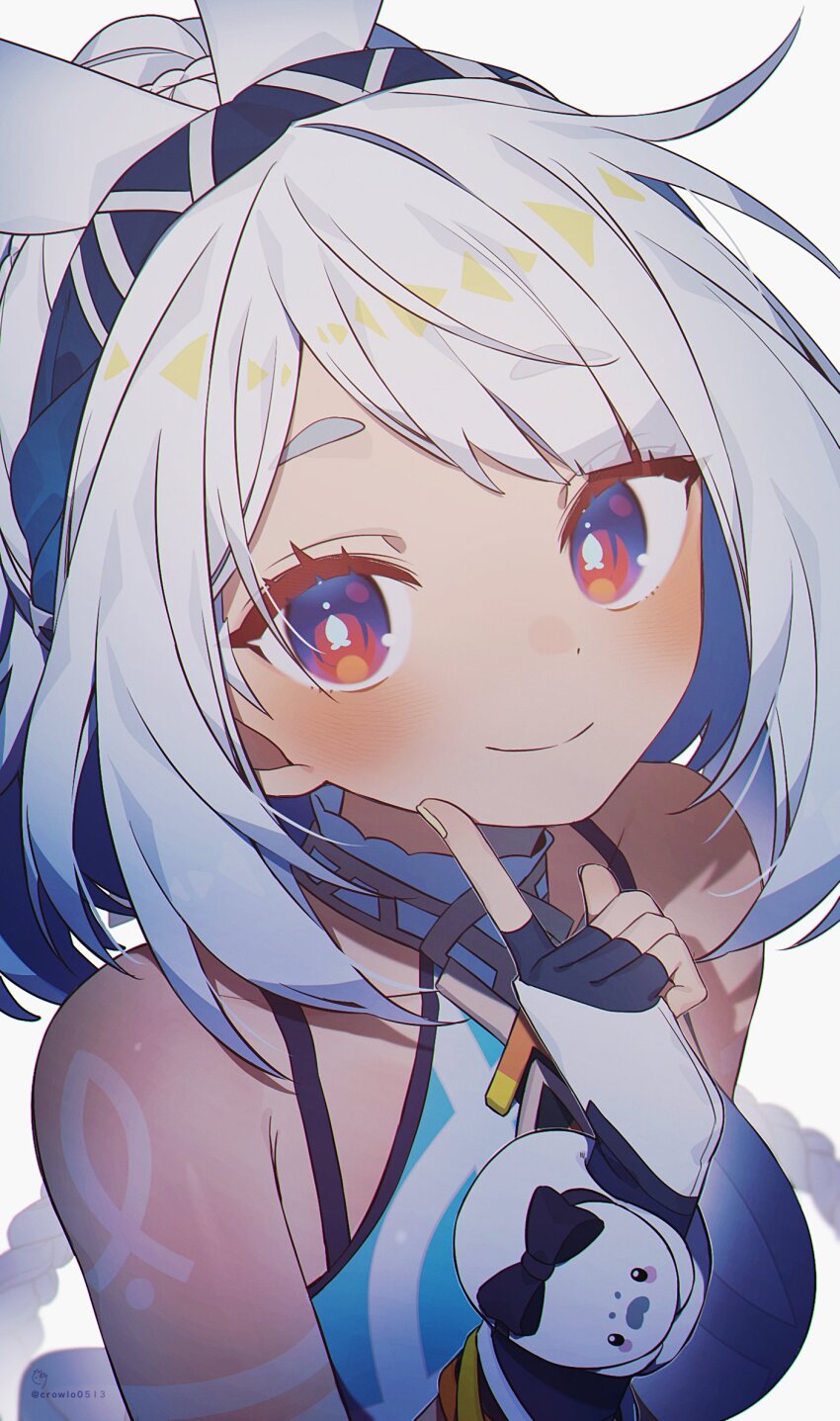 1girl, bare_shoulders, blue_hair, blue_hairband, blush, body_markings, breasts, commentary