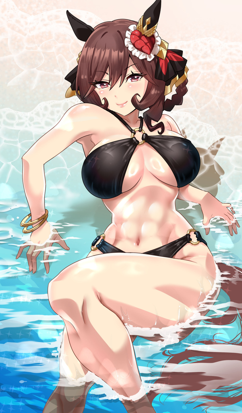 1girl, abs, absurdres, alternate_costume, animal_ears, bare_shoulders, beach, bikini