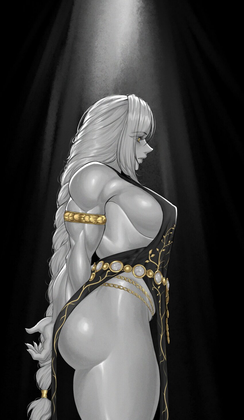 1girl, absurdres, ass, braid, breasts, dress, elden_ring, from_side, greyscale, highres, jewelry, long_hair, mature_female, medium_breasts, milka01477, monochrome, muscular, muscular_female, profile, queen_marika_the_eternal, sideboob, single_braid, solo, thick_thighs, thighs