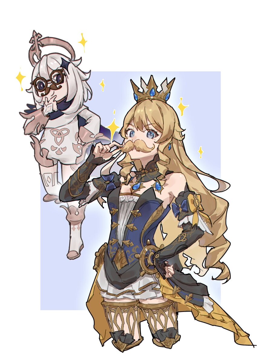 2girls, bare_shoulders, blonde_hair, blue_eyes, blue_gem, boots, bow, bright_pupils