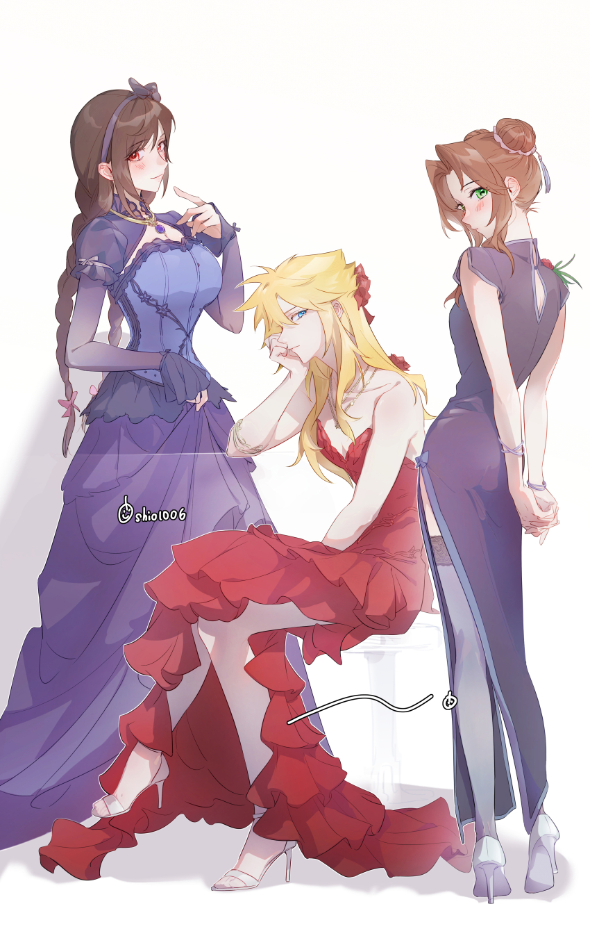 1boy, 2girls, absurdres, aerith_gainsborough, aerith_gainsborough_(cosplay), aerith_gainsborough_(red_dress), alternate_hairstyle, black_hair, blonde_hair, bracelet, breasts, brown_hair, china_dress, chinese_clothes, cleavage, cloud_strife, cloud_strife_(blue_dress), cloud_strife_(cosplay), cosplay, costume_switch, crossdressing, dress, final_fantasy, final_fantasy_vii, final_fantasy_vii_remake, highres, jewelry, lily_(shio1006), long_hair, multiple_girls, revision, sitting, standing, thighhighs, tifa_lockhart, tifa_lockhart_(cosplay), tifa_lockhart_(sporty_dress), trap, wall_market