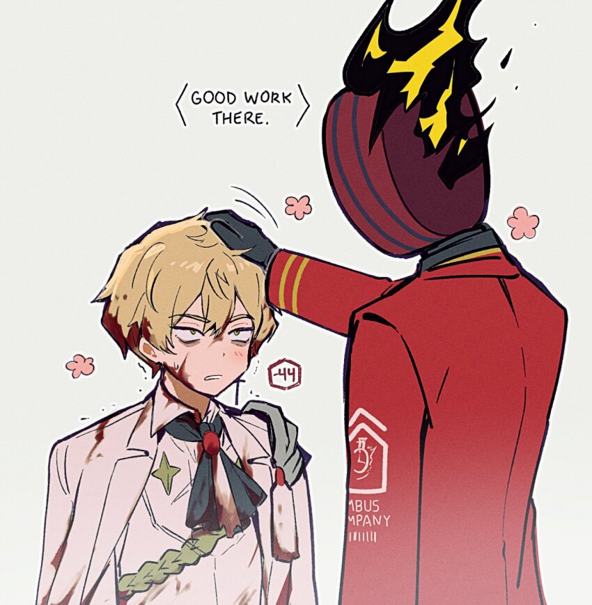 1boy, 1other, 70miho, ascot, black_ascot, blonde_hair, blood, blood_on_face