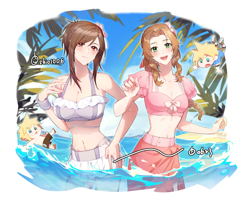 2girls, aerith_gainsborough, aerith_gainsborough_(floral_delight), beach, bikini, bikini_skirt, breasts, chibi