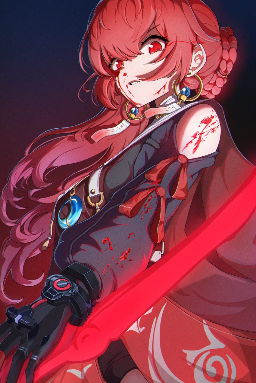 1girl, absurdres, alternate_hair_length, alternate_hairstyle, black_gloves, black_shorts, blood, blood_on_clothes