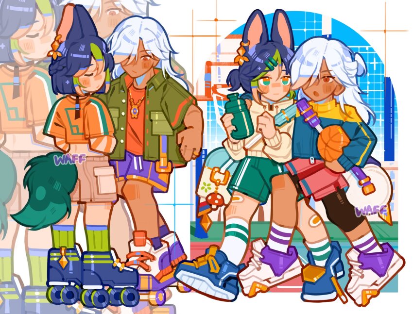 0waff537, 2boys, alternate_costume, animal_ears, bag, bandaid, bandaid_on_knee, bandaid_on_leg