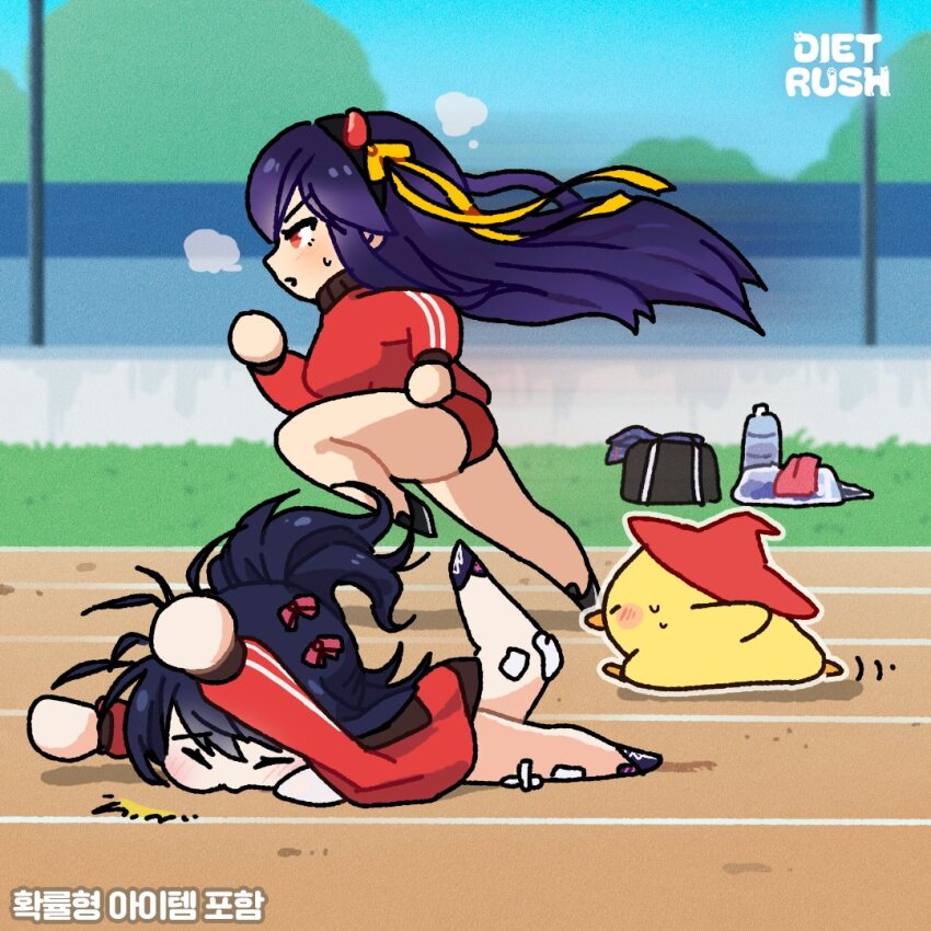 2girls, bandage_on_knee, bird, black_bag, black_hairband, breasts, brown_dust_(series), brown_dust_2