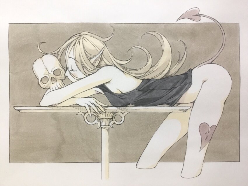 1girl, black_shirt, blonde_hair, border, bottomless, broken_heart, closed_eyes, commentary