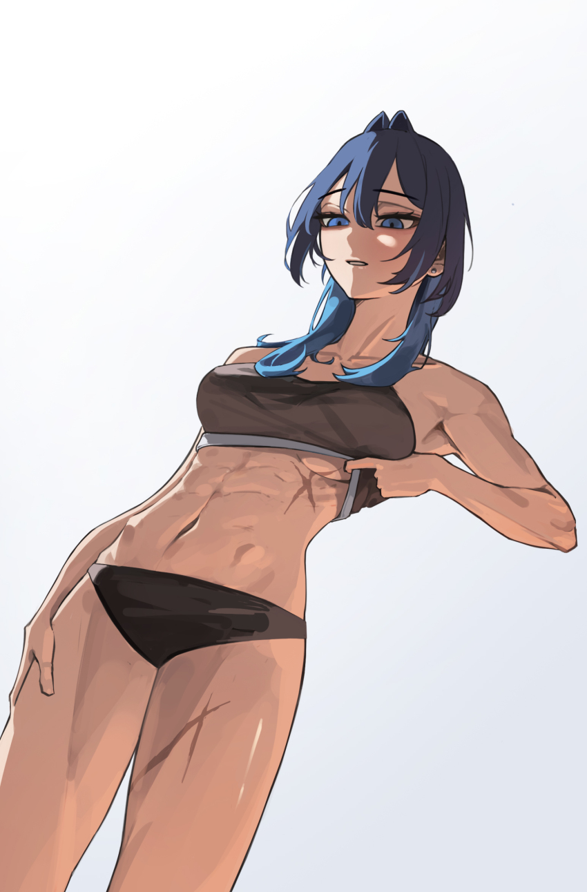 1girl, abs, alternate_costume, black_panties, black_sports_bra, blue_eyes, blue_hair, breasts