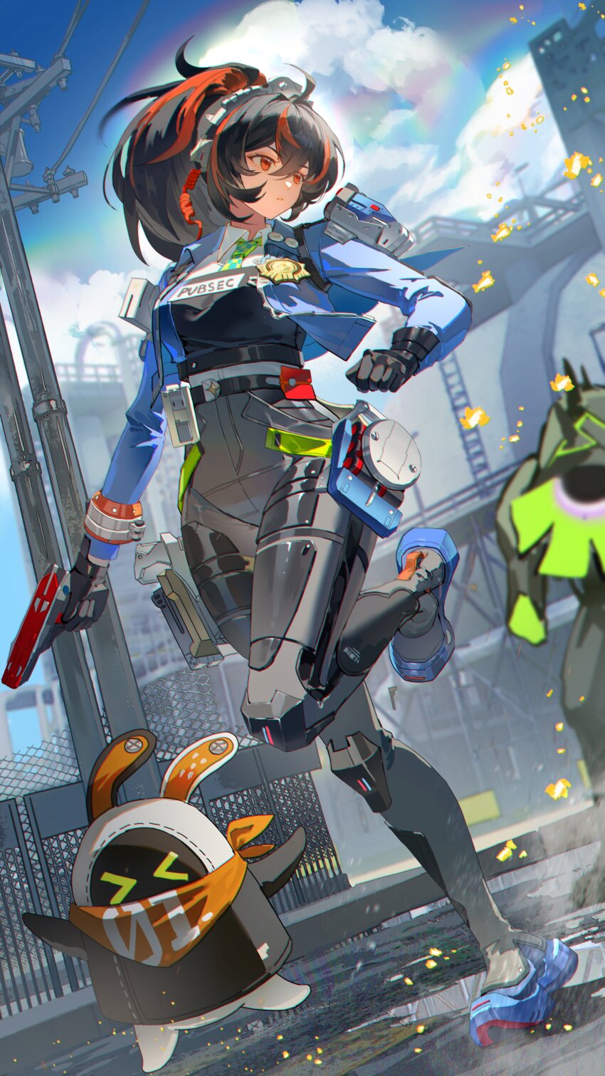 1girl, absurdres, bangboo_(zenless_zone_zero), black_gloves, black_hair, black_pants, blue_footwear, blue_jacket, blue_sky, breasts, checkered_necktie, cloud, dutch_angle, eous_(zenless_zone_zero), ethereal_(zenless_zone_zero), gloves, guaisanmu, gun, hairband, high-waist_pants, highres, holding, holding_gun, holding_weapon, jacket, large_breasts, looking_back, metal_hairband, necktie, outdoors, pants, police, police_badge, police_uniform, policewoman, ponytail, red_eyes, sky, solo, tight_clothes, tight_pants, walking, weapon, zenless_zone_zero, zhu_yuan