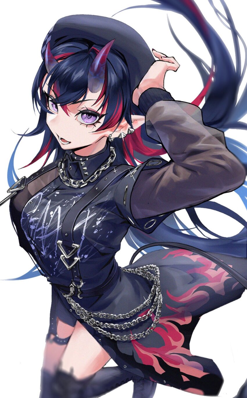 1girl, arm_up, asymmetrical_clothes, asymmetrical_horns, black_boots, black_choker, black_hat, black_horns, black_shorts, boots, breasts, chain, chain_necklace, choker, collared_shirt, commentary_request, crossed_bangs, demon_girl, demon_horns, demon_tail, earrings, flame_print, foot_out_of_frame, gin_(tttetu123), gradient_horns, hair_between_eyes, hat, highres, horns, jewelry, layered_sleeves, long_hair, long_sleeves, looking_at_viewer, lower_teeth_only, medium_breasts, multicolored_hair, multicolored_horns, multiple_earrings, nanashi_inc., necklace, official_alternate_costume, open_mouth, pointy_ears, purple_eyes, red_hair, red_horns, ryugasaki_rene, ryugasaki_rene_(4th_costume), shirt, short_over_long_sleeves, short_sleeves, shorts, simple_background, solo, streaked_hair, studded_choker, suspender_shorts, suspenders, tail, teeth, two-tone_hair, uneven_horns, v-shaped_eyebrows, very_long_hair, virtual_youtuber, white_background