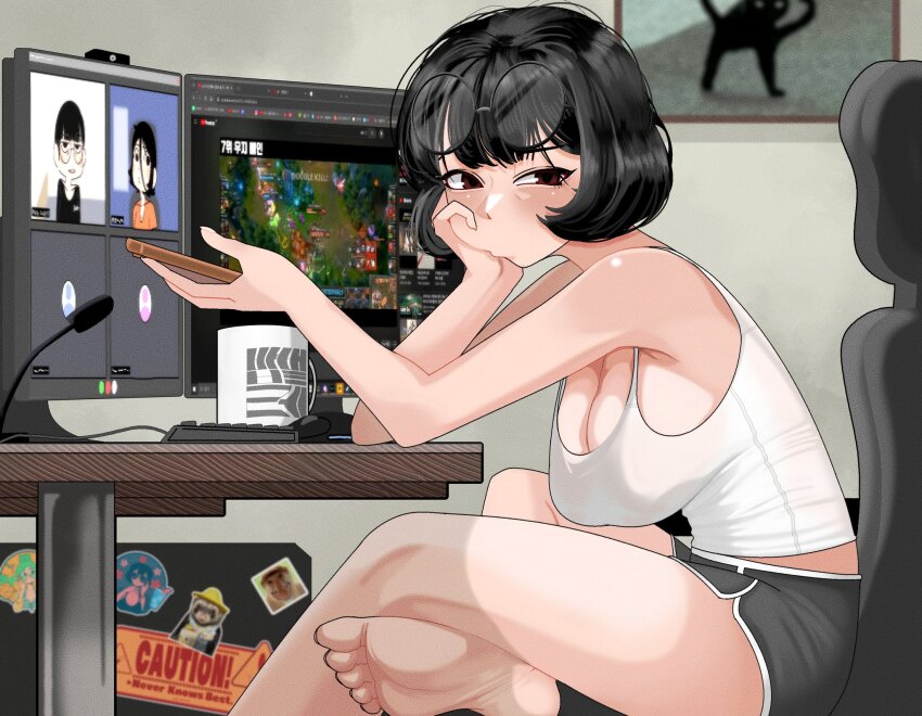 1girl, at_computer, barefoot, black_hair, black_shorts, bob_cut, breasts, brown_eyes, cellphone, chair, cleavage, commentary, computer, computer_keyboard, crop_top, cup, dolphin_shorts, double_biub, eyewear_on_head, feet, highres, holding, holding_phone, looking_at_viewer, microphone, monitor, mug, office_chair, on_chair, original, phone, picture_frame, round_eyewear, shirt, short_hair, shorts, sitting, smartphone, soles, sticker, swivel_chair, tank_top, toes, untranslatable_commentary, white_tank_top, youtube