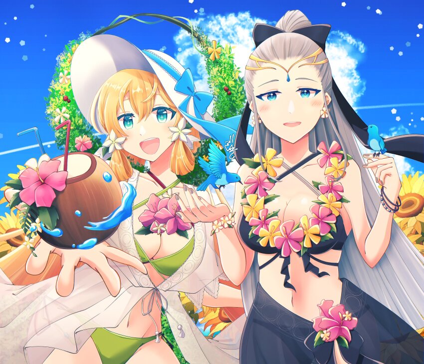 absurdres, bendy_straw, bikini, bikini_skirt, bird, black_bikini, blonde_hair, blue_eyes