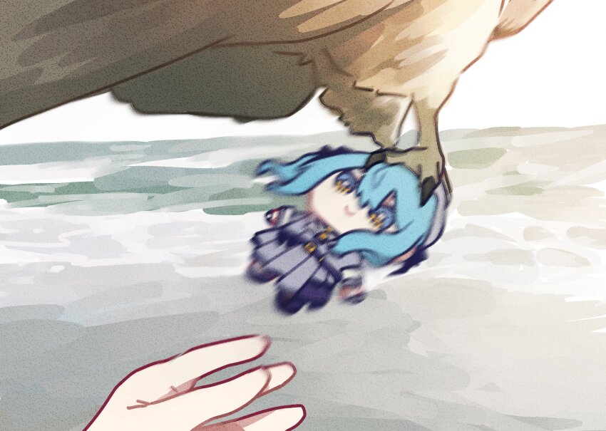 1other, beach, beret, bird, blue_eyes, blue_hair, character_doll, chiikawa_plush_stolen_by_hawk_(meme)