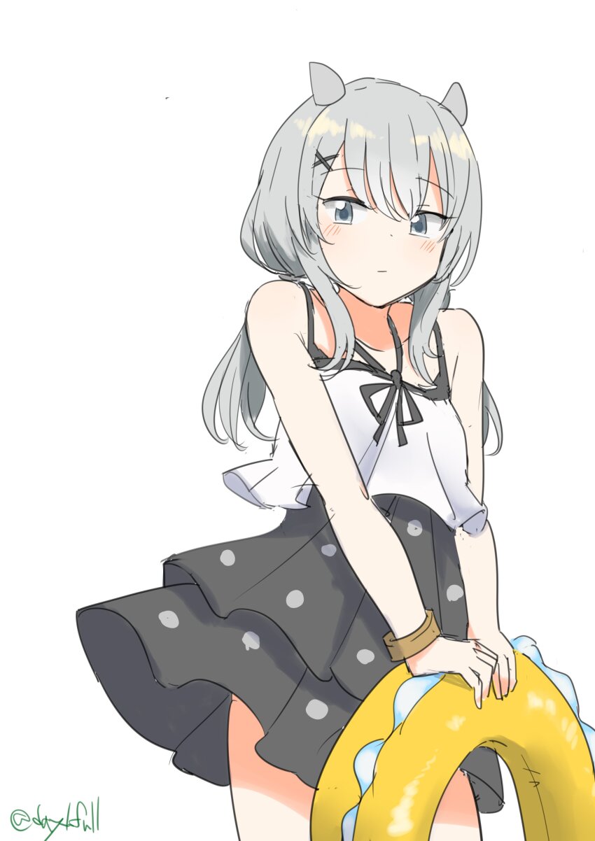 1girl, absurdres, black_one-piece_swimsuit, casual_one-piece_swimsuit, cowboy_shot, dress_swimsuit, fake_horns, grey_eyes