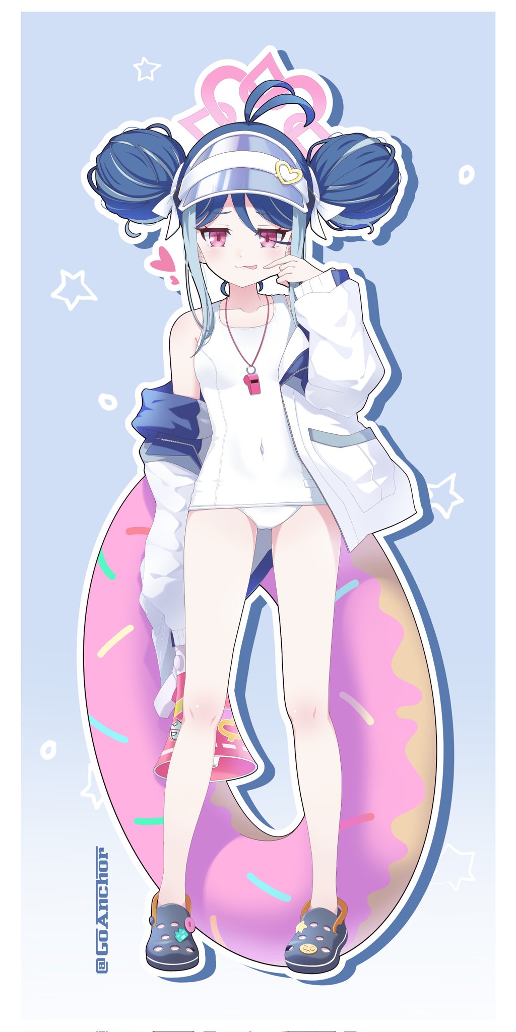 1girl, antenna_hair, blue_archive, crocs, double_bun, fubuki_(blue_archive), fubuki_(swimsuit)_(blue_archive), goanchor