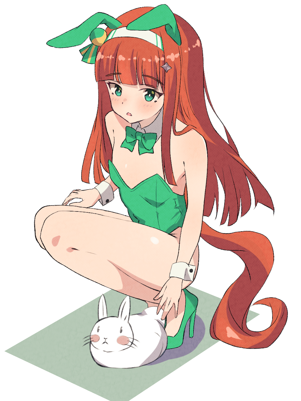 1girl, animal_ears, blunt_bangs, detached_collar, full_body, green_eyes, green_leotard, highres