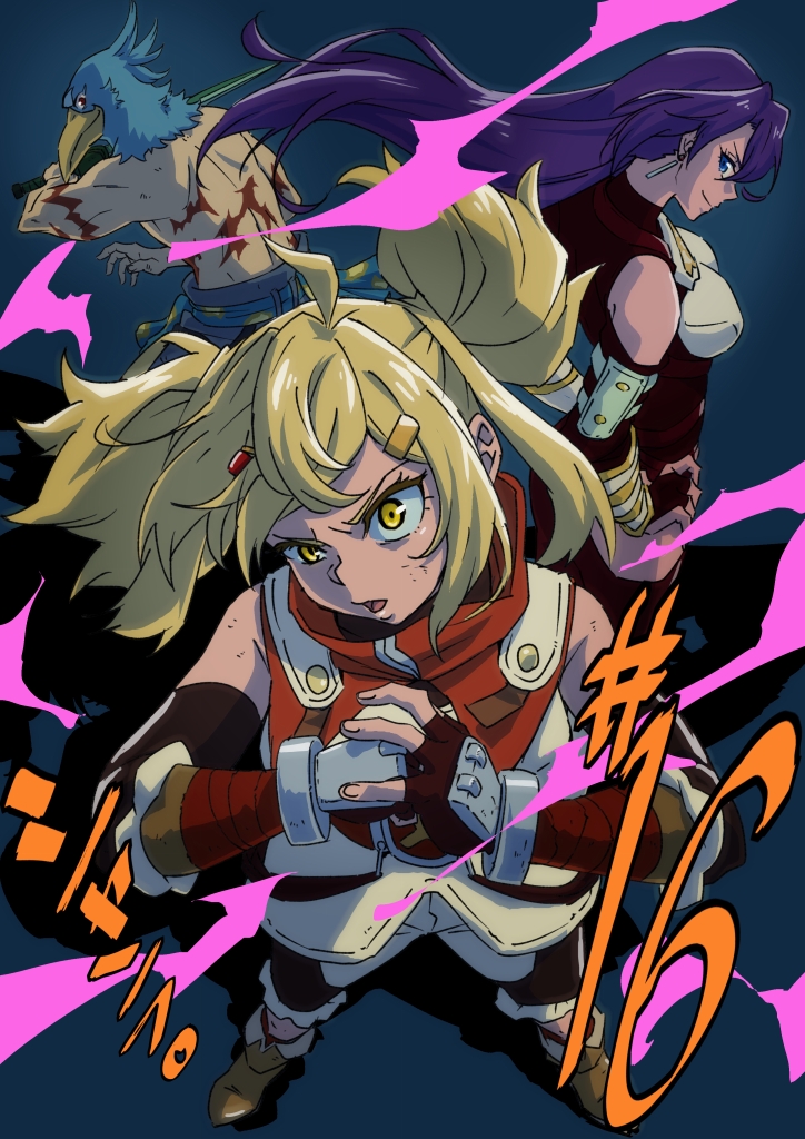 1boy, 2girls, amane_towa, arthur_pencilgon_(shangri-la_frontier), bare_shoulders, blonde_hair, blue_eyes, breasts