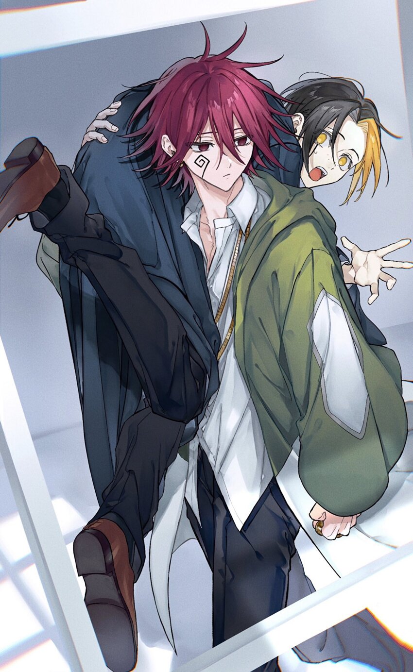 2boys, black_hair, black_robe, brown_footwear, carpaccio_luo-yang, carrying, carrying_over_shoulder, carrying_person