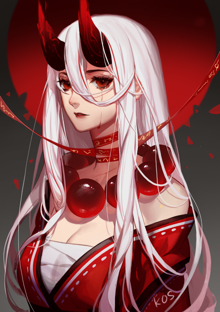 bare_shoulders, bead_necklace, beads, blood, blood_moon_diana, bloody_tears, breasts, chest_sarashi