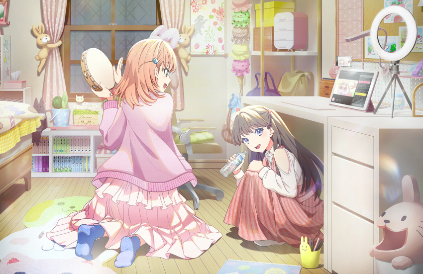 2girls, :d, aqua_eyes, bed, bedroom, blue_socks, bookshelf, bottle