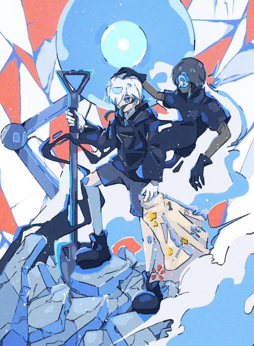 alternate_costume, black_footwear, black_gloves, black_hoodie, black_shorts, blue_eyes, colored_inner_hair, gloves, highres, holding, holding_shovel, hood, hoodie, multicolored_hair, nezumindazo, nira-chan, shorts, shovel, two-tone_hair, white_hair, zutto_mayonaka_de_ii_no_ni