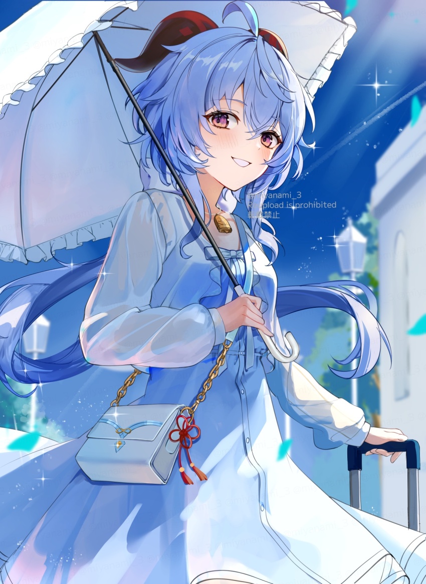 1girl, ahoge, bag, bell, blue_hair, dress, floating_hair, ganyu_(animate)_(genshin_impact)