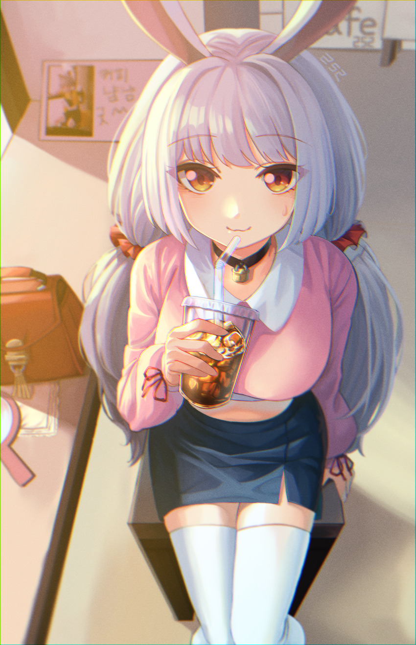 1girl, :3, absurdres, animal_ears, arm_support, black_choker, black_skirt, blue_hair