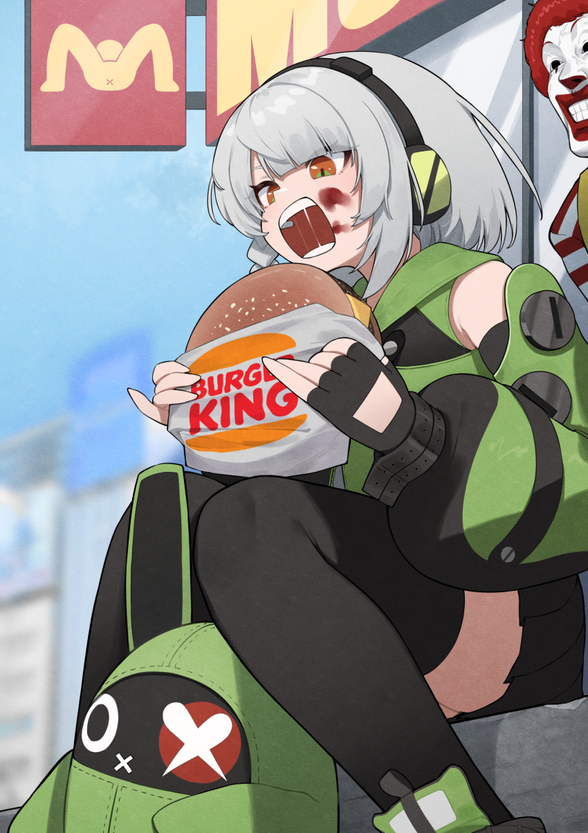 1boy, 1girl, amillion_(zenless_zone_zero), anby_demara, black_skirt, black_thighhighs, blood, blood_on_face, brand_name_imitation, burger, burger_king, clown, clown_boy, fingerless_gloves, flasso, food, gloves, green_jacket, green_sleeves, headphones, highres, holding, holding_burger, holding_food, jacket, long_sleeves, open_mouth, orange_eyes, pleated_skirt, puffy_long_sleeves, puffy_sleeves, ronald_mcdonald, sitting, skirt, sleeveless, sleeveless_jacket, solo, thighhighs, two-tone_sleeves, x_anus, zenless_zone_zero