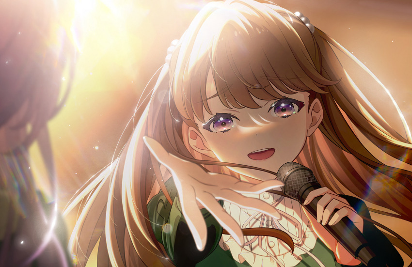 2girls, :d, backlighting, brown_hair, collared_dress, dakishimeru_hanabira, dress, frilled_dress